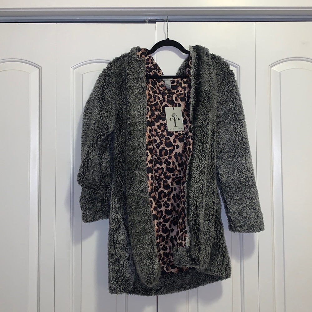 NWT Rain + Rose Charcoal Fluffy Jacket with Hood